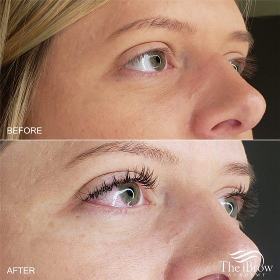 Before: A close-up image of the person's eye without lash extensions, showing sparse and short natural lashes. After: A close-up image of the person's eye with lash extensions, showcasing longer, fuller, and more voluminous lashes, enhancing the overall appearance.