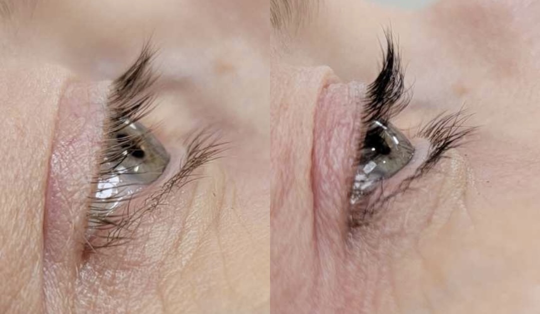 Before and after close-up of natural lashes enhanced through lash lift and tint training in Winnipeg, showing a dramatic curl and darker lash tone