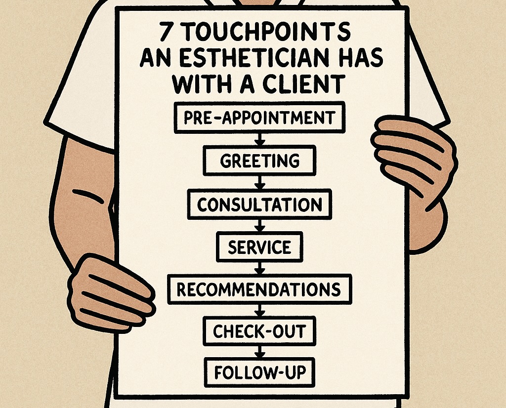 Cartoon illustration of an esthetician holding a poster titled “7 Touchpoints an Esthetician Has with a Client,” showing a flowchart with steps: Pre-Appointment, Greeting, Consultation, Service, Recommendations, Check-Out, and Follow-Up. Optimizing Every Touchpoint.