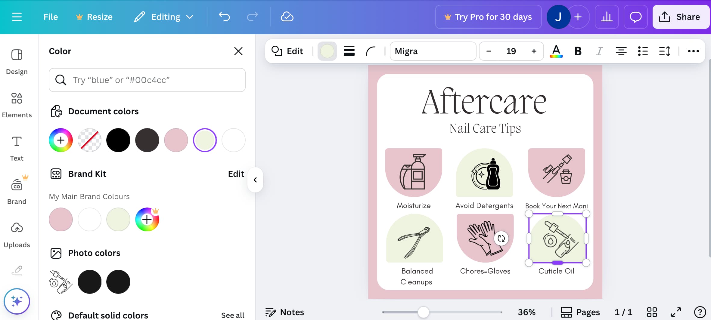 Esthetician Starter Branding: a Canva workspace showing an esthetician-themed template titled “Aftercare Nail Care Tips,” with icons and pastel-coloured blocks. The left panel displays saved brand kit colours being used in the design