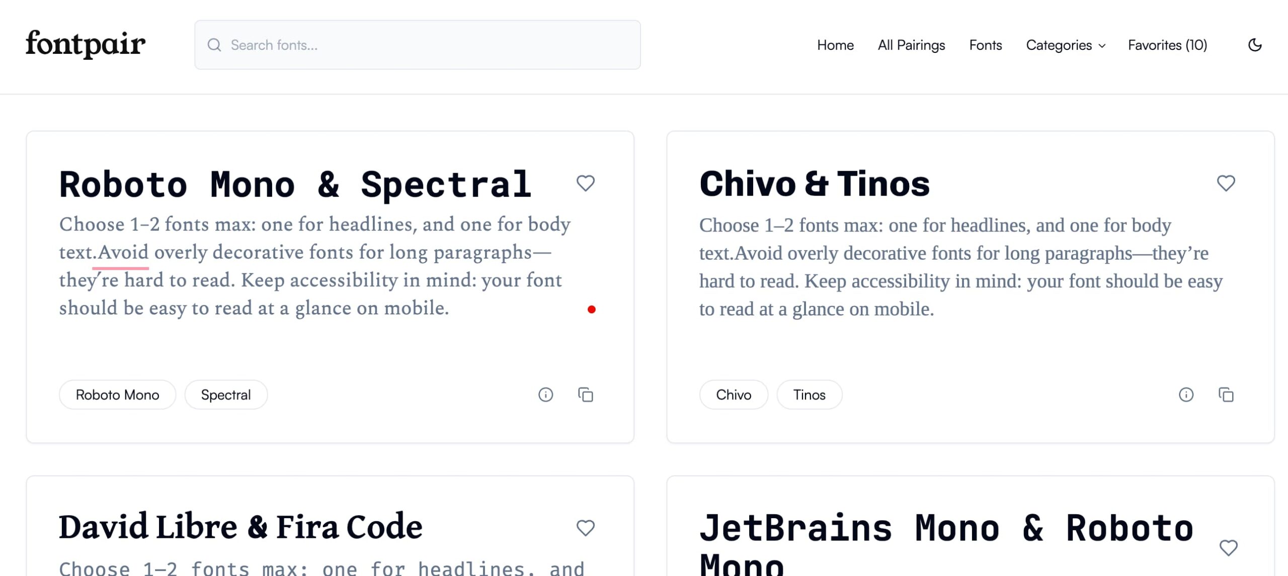 Fontpair website, a tool for discovering and testing font combinations. The page displays suggested font pairings such as “Roboto Mono & Spectral” and “Chivo & Tinos,” along with sample text previews. Each pairing includes tips on choosing 1–2 fonts for headlines and body text, emphasizing readability and accessibility on mobile. The interface also features options to copy font names and mark favourites.