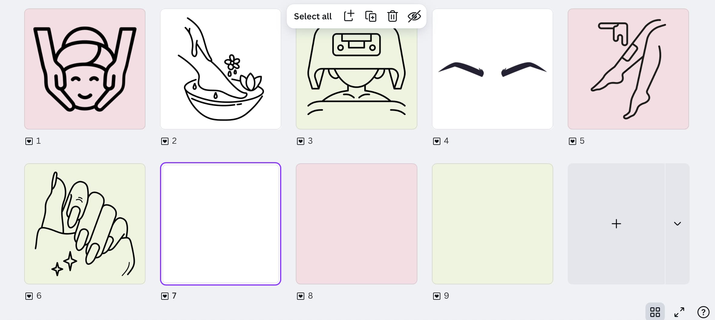 Esthetician Starter Branding: grid of Instagram Highlight cover templates designed for estheticians. Each square features a minimal line icon representing different beauty services—such as facials, waxing, manicures, brows, and hair treatments—on soft pastel backgrounds using a saved brand colour palette
